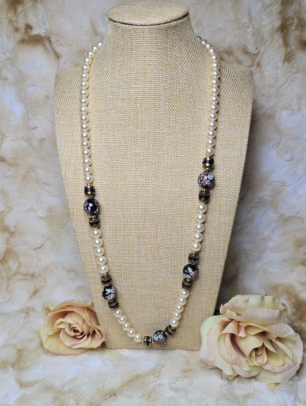 Vintage Faux Pearl & Cloisonne Style Bead Necklace